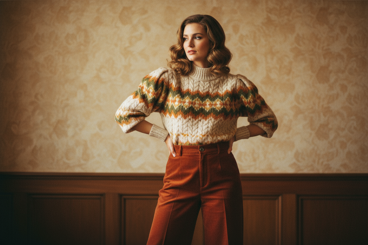 Create a Image of stylish woman wearing a sweater with vintage inspiration