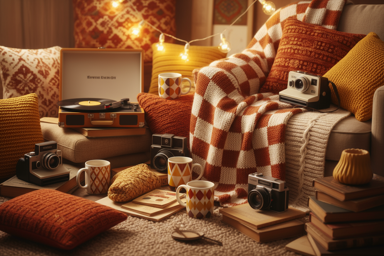 Generate a background image for a vintage sweater company that gives cozy but fun vibes