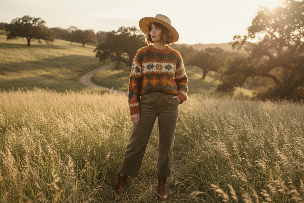 Woman in long grass with a vintage sweater